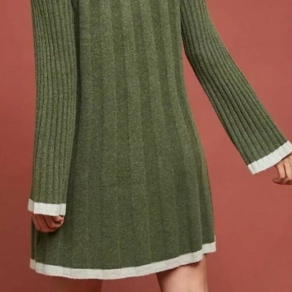 Anthropologie | Green Ribbed Bell Sleeve Mini Sweater Dress Wool & Alpaca Blend - Picture 3 of 12